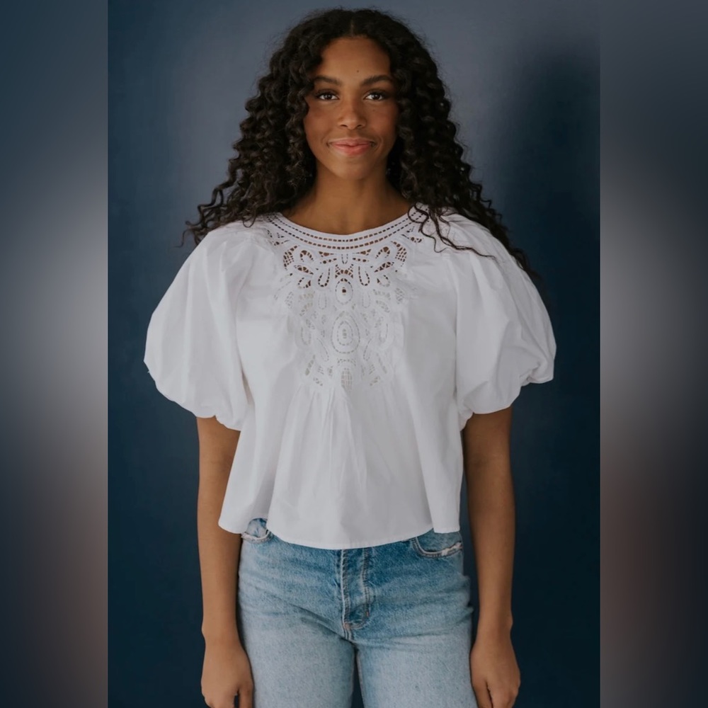 FREE PEOPLE White BARDOT PuffSleeve Crochet Front Woven Top NWT